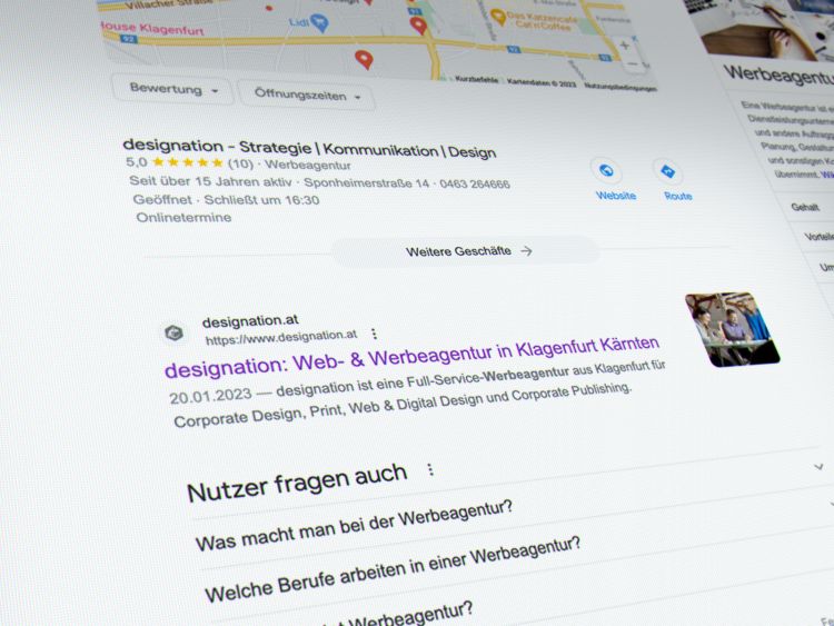 Screenshot von Googleergebnis für Werbeagentur Klagenfurt
